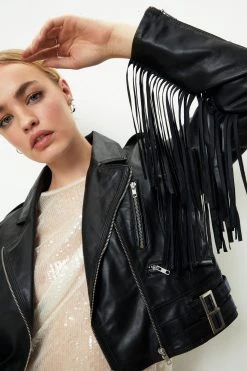 Real Leather Crop Fringe Detail Biker Jacket 14 Real Leather Crop Fringe Detail Biker Jacket -Nasty Gal Sales Store womens black real leather crop fringe detail biker jacket 5