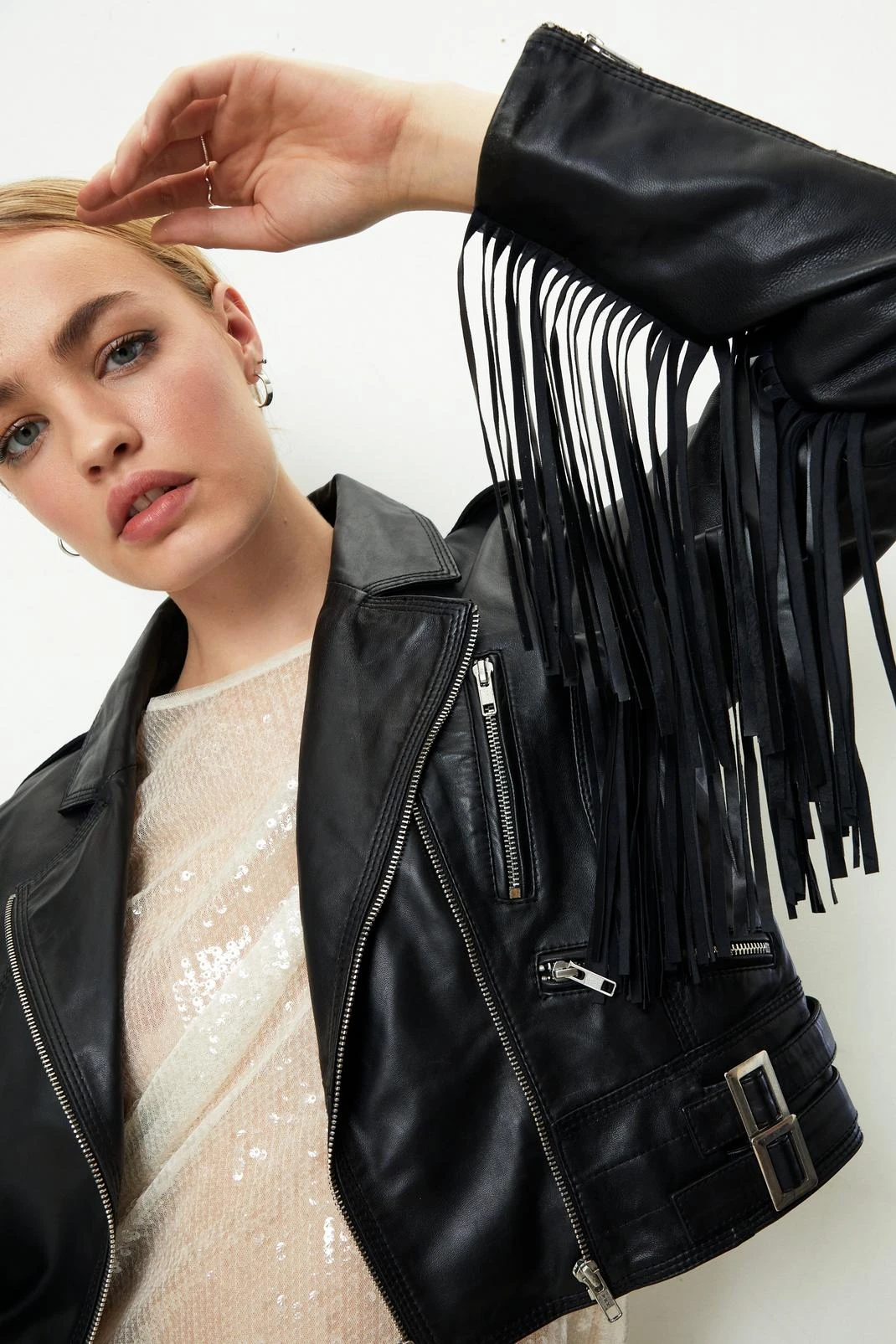 Real Leather Crop Fringe Detail Biker Jacket 8 Real Leather Crop Fringe Detail Biker Jacket - Image 6