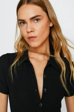 Ribbed Collar Button Up Jumpsuit 8 Ribbed Collar Button Up Jumpsuit -Nasty Gal Sales Store womens black ribbed collar button up jumpsuit 1 2