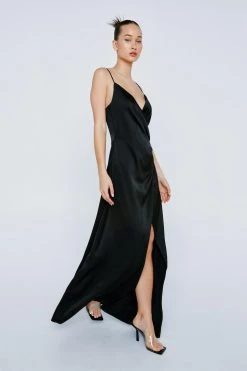 Satin V Neck Wrap Maxi Dress 27 Satin V Neck Wrap Maxi Dress -Nasty Gal Sales Store womens black satin v neck slit maxi dress