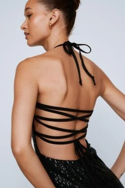Sequin Lace Up Back Midi Dress