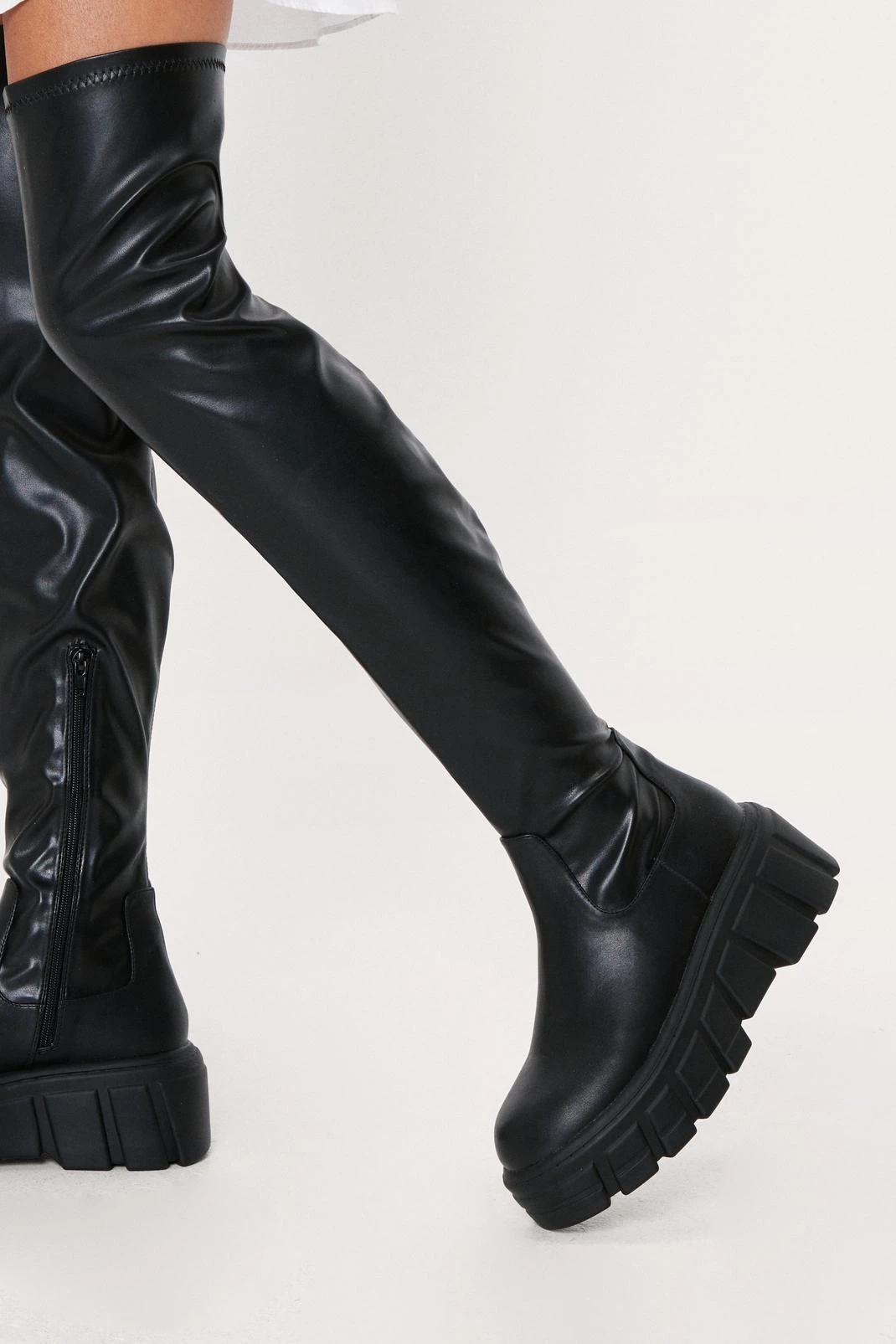 Stretch Faux Leather Cleated Over The Knee Boots 4 Stretch Faux Leather Cleated Over The Knee Boots - Image 2