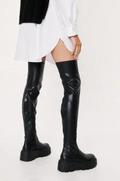 Stretch Faux Leather Cleated Over The Knee Boots 8 Stretch Faux Leather Cleated Over The Knee Boots -Nasty Gal Sales Store womens black stretch faux leather cleated over the knee boots 2