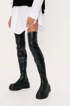 Stretch Faux Leather Cleated Over The Knee Boots 9 Stretch Faux Leather Cleated Over The Knee Boots -Nasty Gal Sales Store womens black stretch faux leather cleated over the knee boots 3
