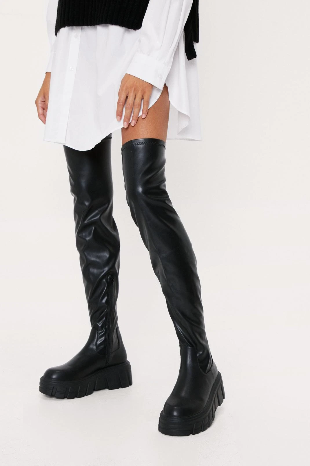 Stretch Faux Leather Cleated Over The Knee Boots 6 Stretch Faux Leather Cleated Over The Knee Boots - Image 4