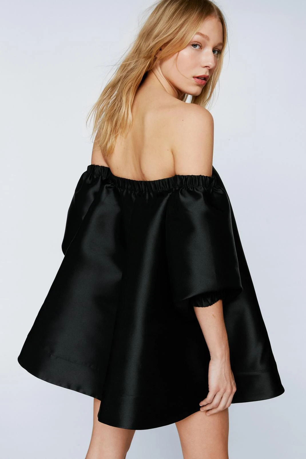 Structured Bardot Puff Sleeve Mini Prom Dress - Image 6