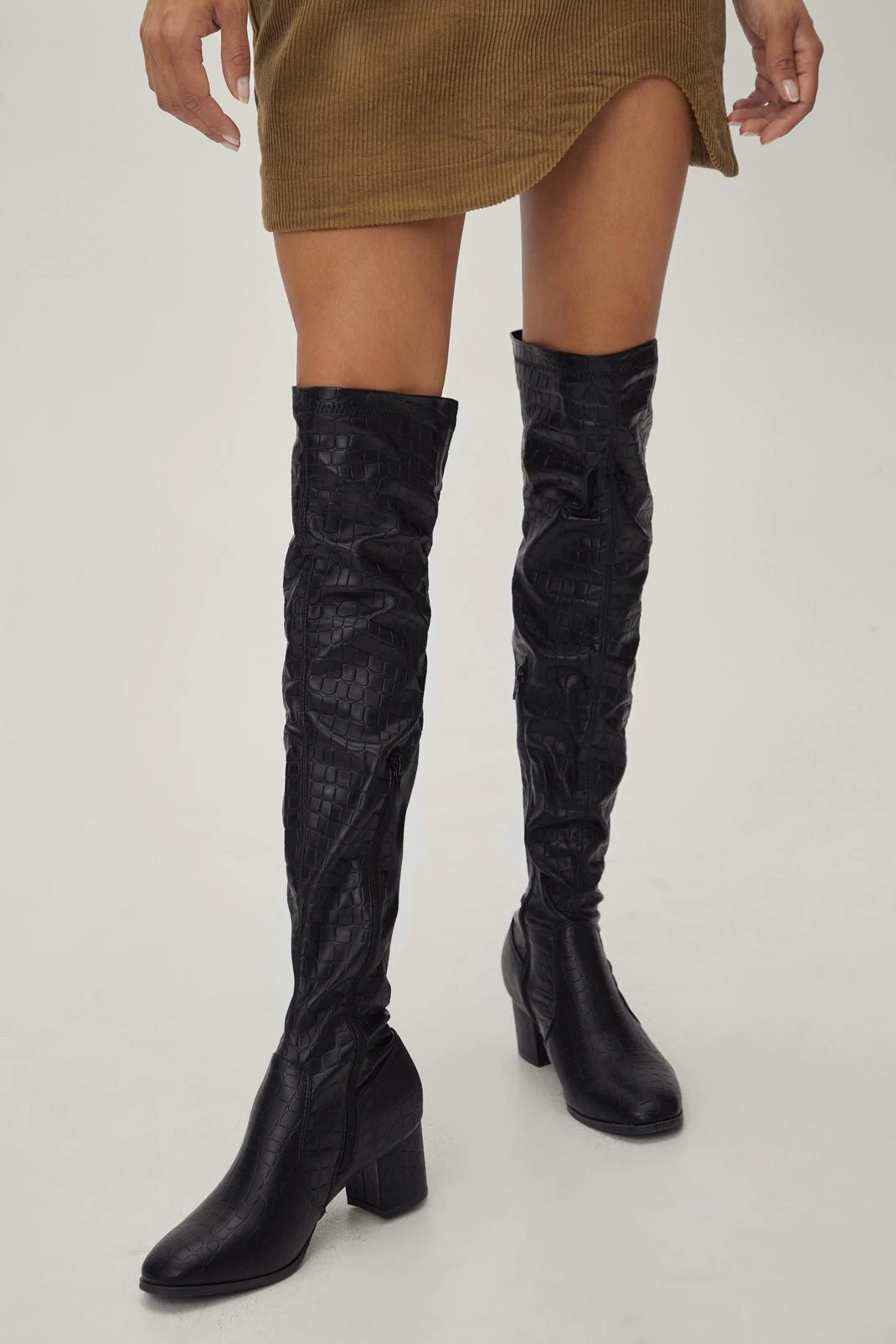 Thigh High Faux Croc Block Heel Boots - Image 2
