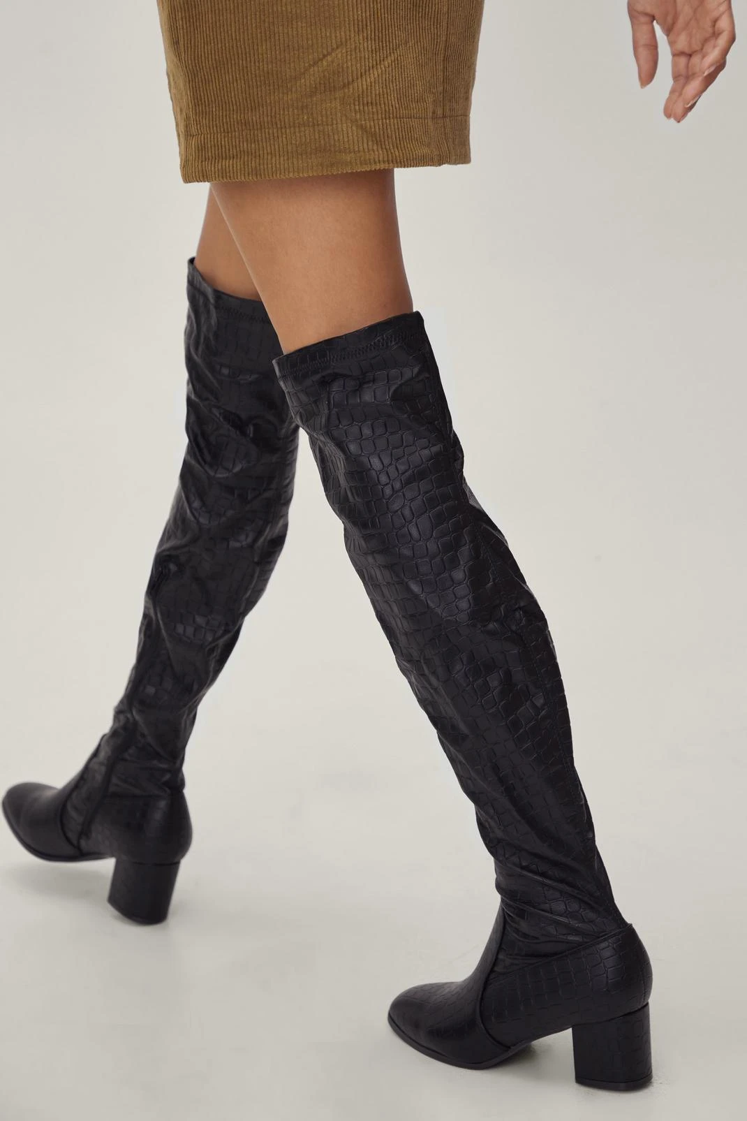 Thigh High Faux Croc Block Heel Boots - Image 3