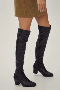 Thigh High Faux Croc Block Heel Boots