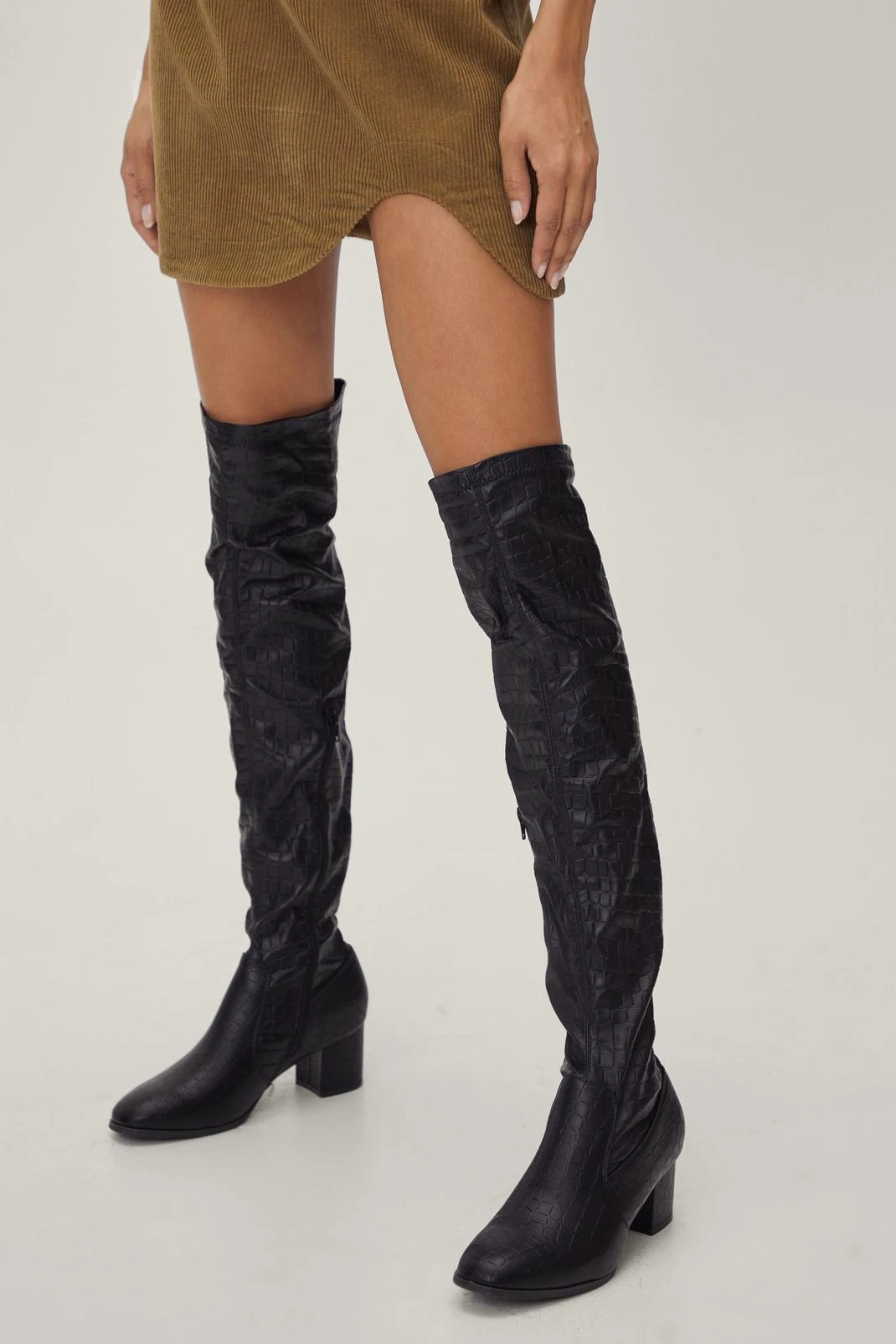 Thigh High Faux Croc Block Heel Boots - Image 4