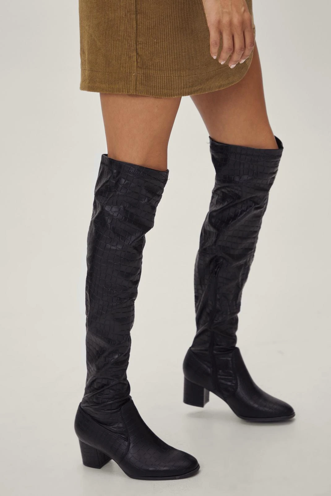 Thigh High Faux Croc Block Heel Boots