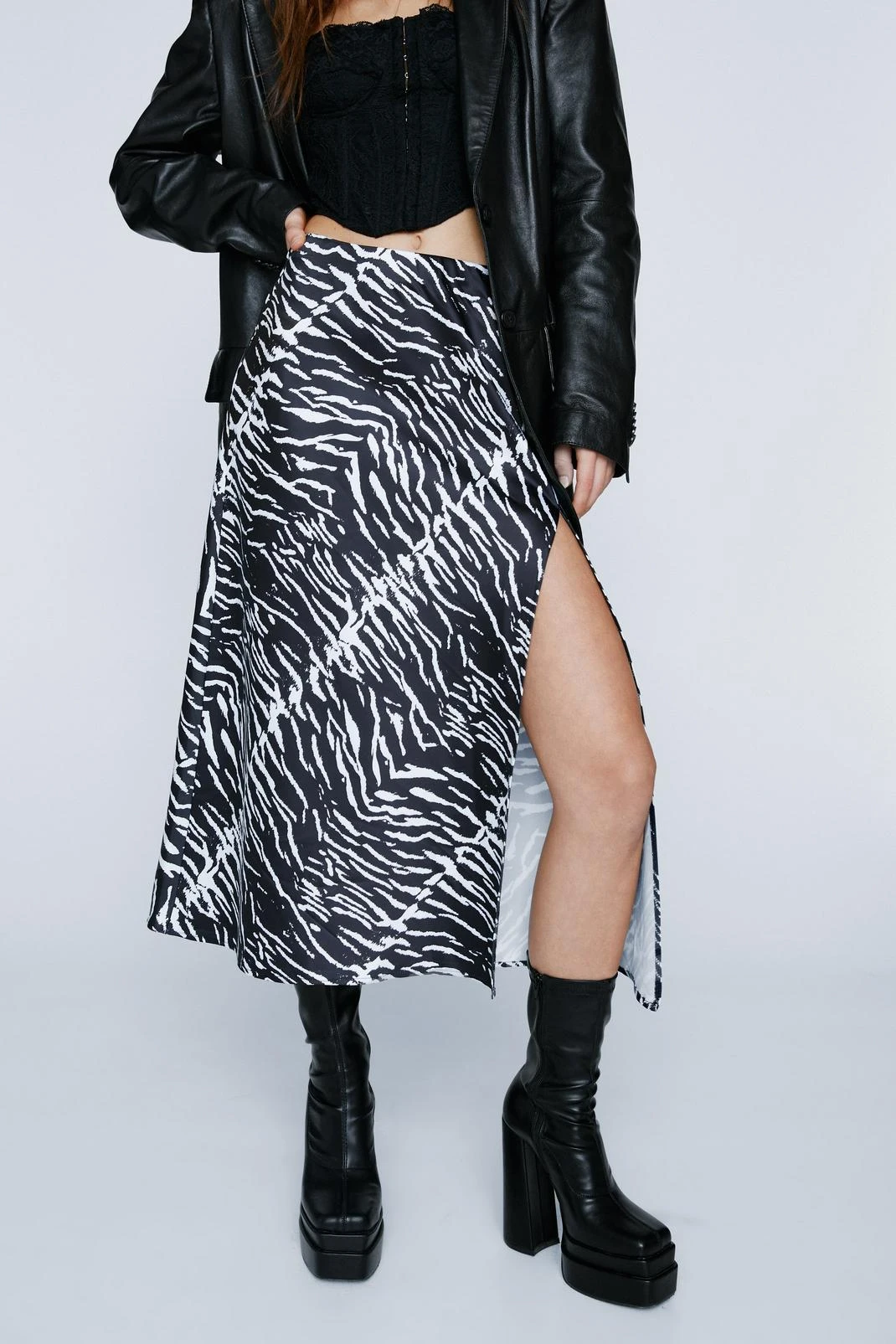 Zebra Print Split Satin Midi Skirt 6 Zebra Print Split Satin Midi Skirt - Image 4