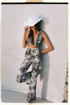 Zebra Print Flared Pants With Side Splits
