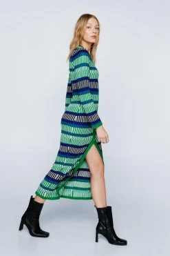 Contrast Stripe Button Knitted Maxi Dress -Nasty Gal Sales Store womens blue contrast stripe button knitted maxi dress 4