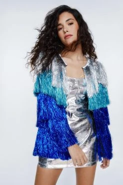 Metallic Tiered Tinsel Fringe Open Front Jacket 22 Metallic Tiered Tinsel Fringe Open Front Jacket -Nasty Gal Sales Store womens blue metallic tiered tinsel fringe open front jacket 1