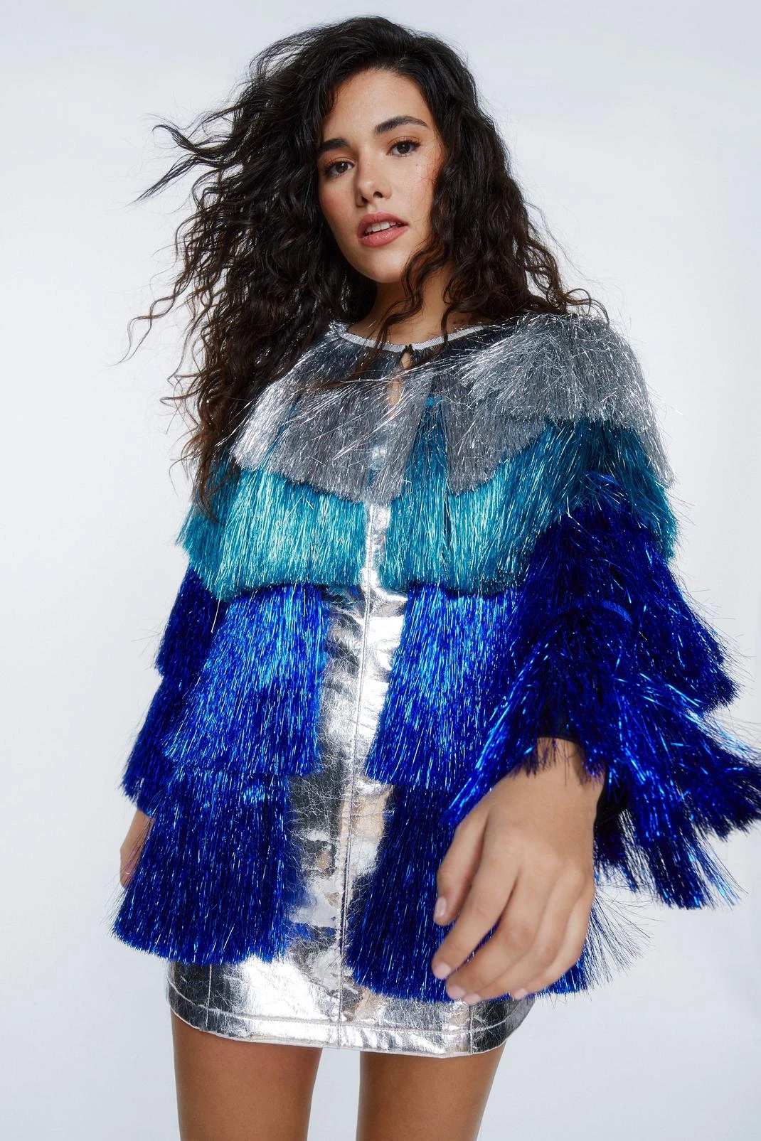 Metallic Tiered Tinsel Fringe Open Front Jacket 15 Metallic Tiered Tinsel Fringe Open Front Jacket - Image 13