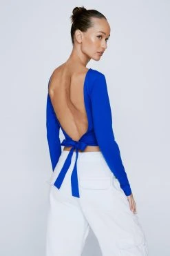 Premium Petite Slash Neck Tie Up Back Long Sleeve Top -Nasty Gal Sales Store womens blue premium petite slash neck tie up back long sleeve top 3