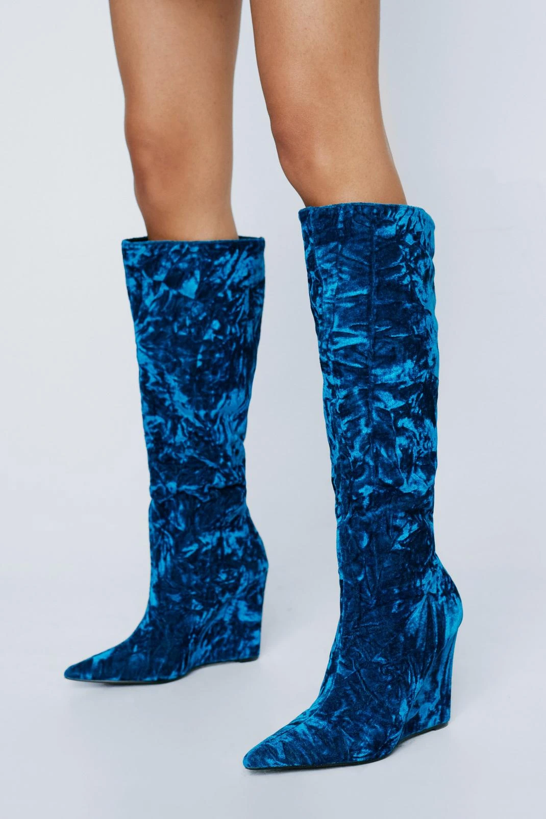 Velvet Pointed Toe Wedge Knee High Boot - Image 4