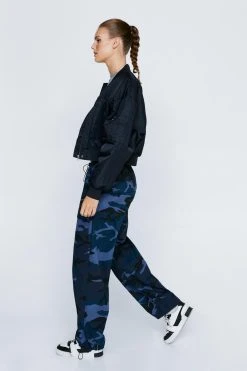 Washed Camo Mid Rise Dual Hem Cargo Pants