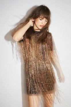 Tassel Beaded Mini Shift Dress 21 Tassel Beaded Mini Shift Dress -Nasty Gal Sales Store womens bronze tassel beaded mini shift dress 3