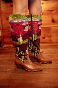 Leather Embroidered Landscape Print Cowboy Boots