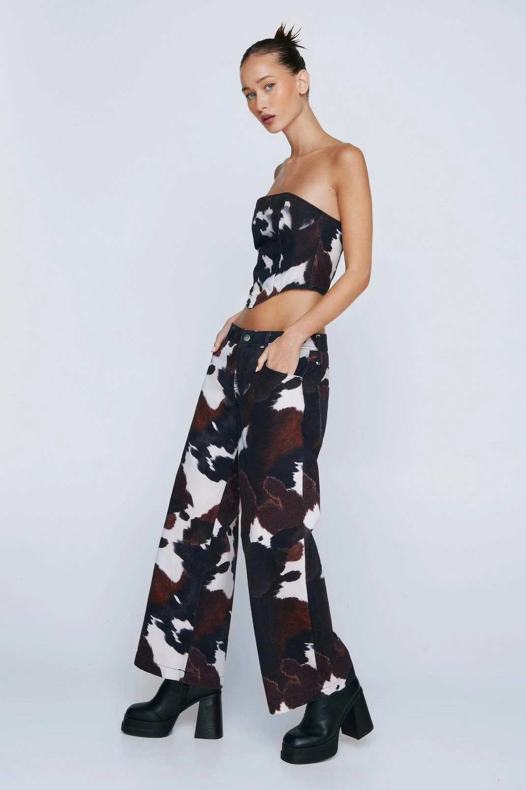 Petite Cow Print Bandeau Corset Denim Top - Image 2