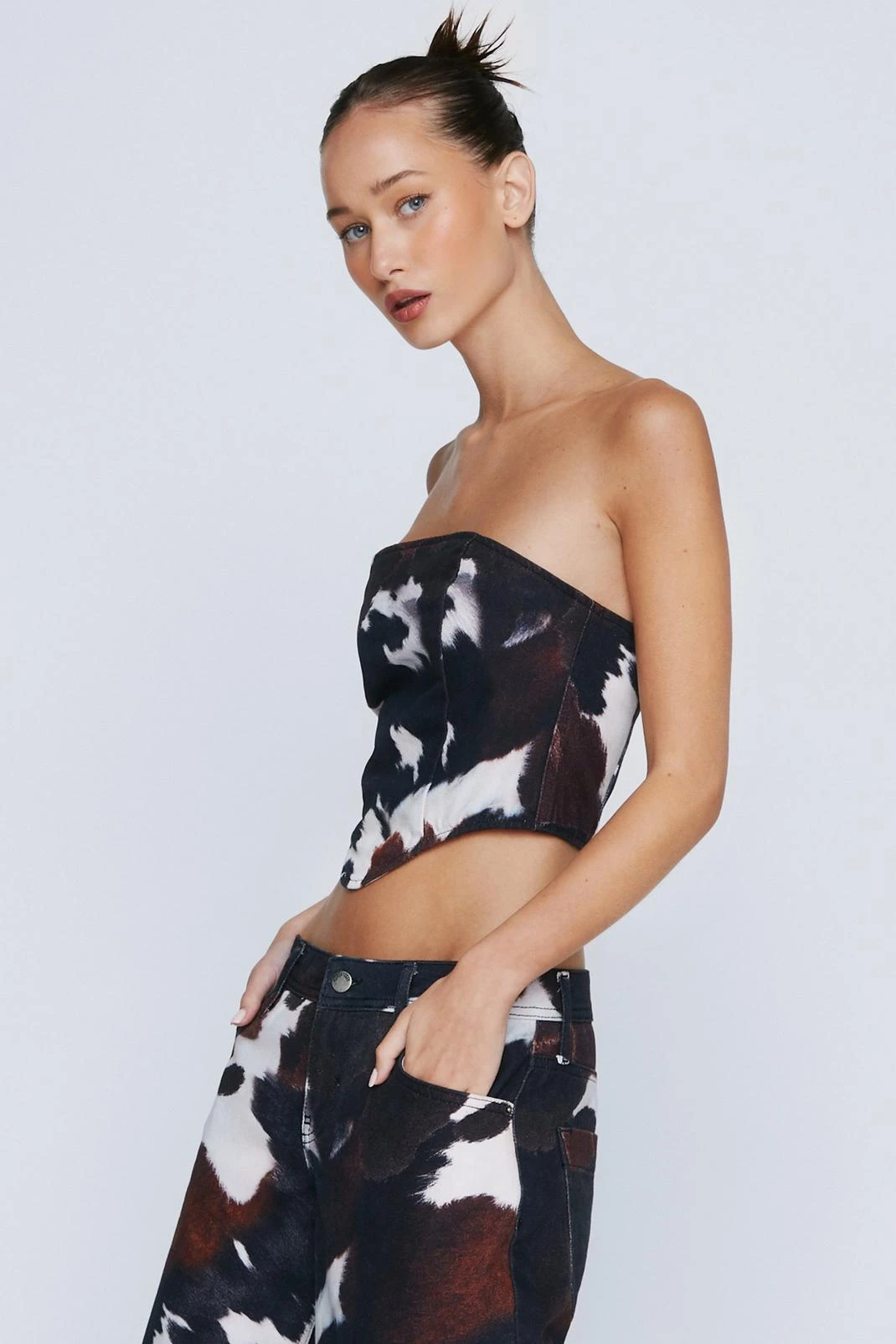 Petite Cow Print Bandeau Corset Denim Top