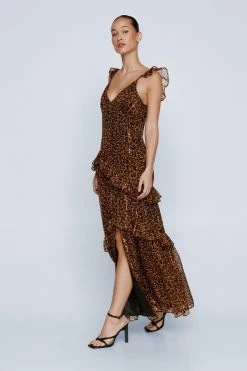 Petite Ruffle Strappy Leopard Maxi Dress 8 Petite Ruffle Strappy Leopard Maxi Dress -Nasty Gal Sales Store womens brown petite ruffle strappy leopard maxi dress 2