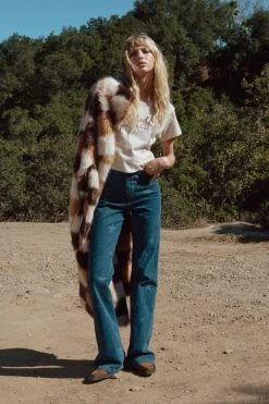 Premium Checkerboard Brown Long Faux Fur Coat