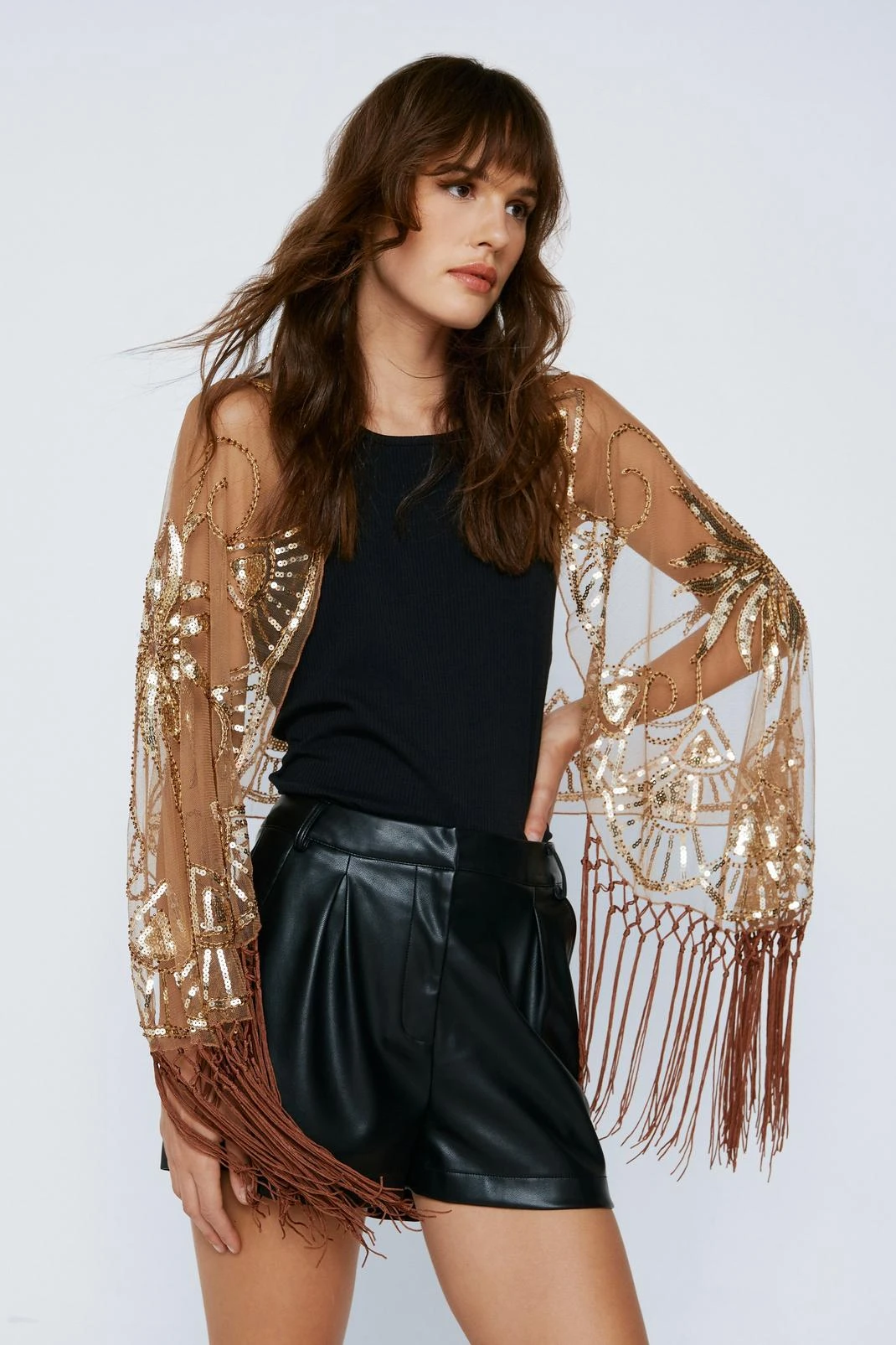 Sequin Embellished Fringed Shawl - Image 4