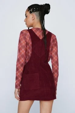 Cord Pocket Front Overall Mini Dress -Nasty Gal Sales Store womens burgundy cord pocket front overall mini dress 2