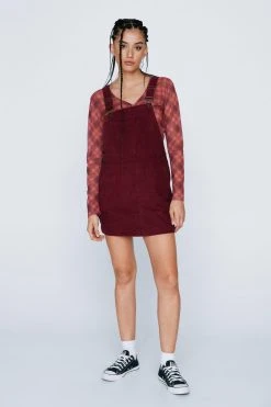 Cord Pocket Front Overall Mini Dress -Nasty Gal Sales Store womens burgundy cord pocket front overall mini dress