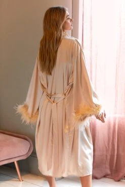Feather Trim Satin Longline Robe 17 Feather Trim Satin Longline Robe -Nasty Gal Sales Store womens champagne feather trim satin longline robe 2
