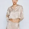 Petite Satin Jacquard Relaxed Cropped Shirt 2 Petite Satin Jacquard Relaxed Cropped Shirt -Nasty Gal Sales Store womens champagne petite satin jacquard relaxed cropped shirt