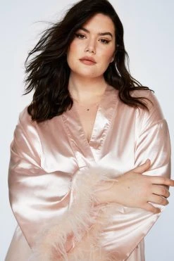 Plus Size Feather Trim Satin Longline Robe 12 Plus Size Feather Trim Satin Longline Robe -Nasty Gal Sales Store womens champagne plus size feather trim satin longline robe 3