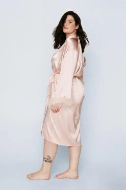 Plus Size Feather Trim Satin Longline Robe 13 Plus Size Feather Trim Satin Longline Robe -Nasty Gal Sales Store womens champagne plus size feather trim satin longline robe 4