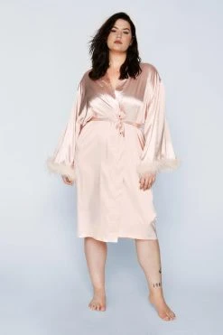 Plus Size Feather Trim Satin Longline Robe 15 Plus Size Feather Trim Satin Longline Robe -Nasty Gal Sales Store womens champagne plus size feather trim satin longline robe 6