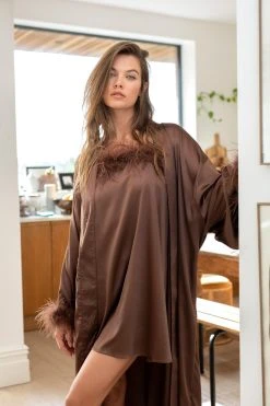 Feather Trim Satin Longline Robe 18 Feather Trim Satin Longline Robe -Nasty Gal Sales Store womens chocolate feather trim satin longline robe