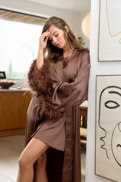 Feather Trim Satin Longline Robe 20 Feather Trim Satin Longline Robe -Nasty Gal Sales Store womens chocolate feather trim satin longline robe 8