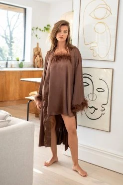 Feather Trim Satin Longline Robe 21 Feather Trim Satin Longline Robe -Nasty Gal Sales Store womens chocolate feather trim satin longline robe 9