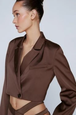 Premium Satin Cropped Blazer 9 Premium Satin Cropped Blazer -Nasty Gal Sales Store womens chocolate premium satin cropped blazer 3