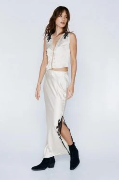 Applique Satin Midi Skirt Two Piece Set