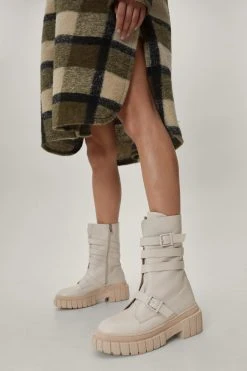 Faux Leather Chunky Buckle Biker Boots