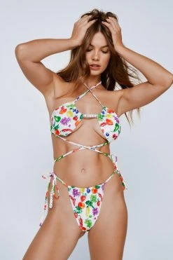 Fruit Slogan Beaded Strappy Ruched Bikini Set -Nasty Gal Sales Store womens cream fruit slogan beaded strappy ruched bikini set 3