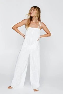 Textured Cotton Tie Back Cover Up Jumpsuit