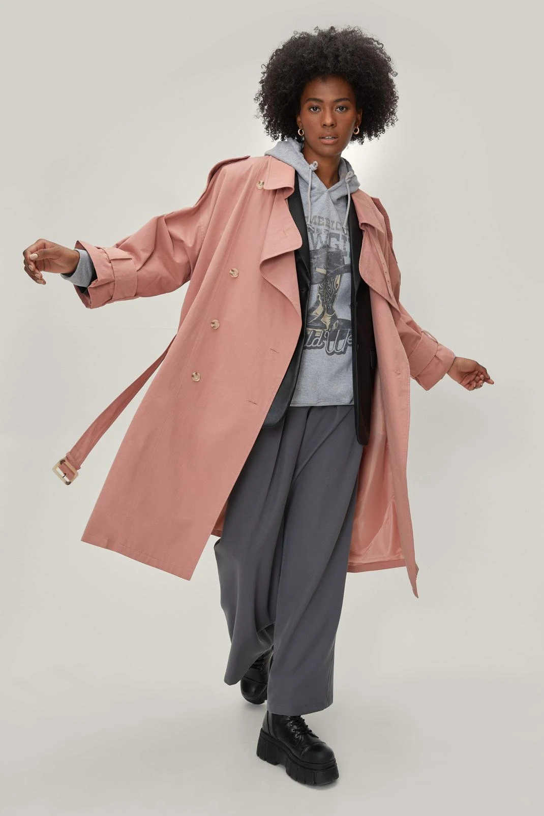 Belted Oversized Double Breasted Trench Coat - Image 4
