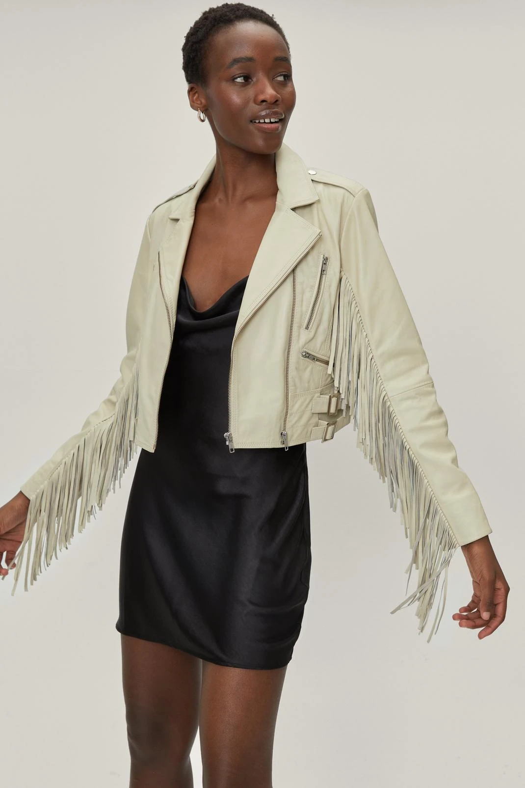 Real Leather Crop Fringe Detail Biker Jacket 3 Real Leather Crop Fringe Detail Biker Jacket