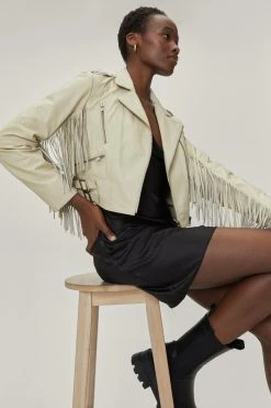 Real Leather Crop Fringe Detail Biker Jacket 10 Real Leather Crop Fringe Detail Biker Jacket -Nasty Gal Sales Store womens ecru real leather crop fringe detail biker jacket 5