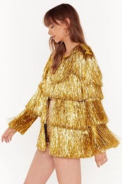 Metallic Tiered Tinsel Fringe Open Front Jacket 24 Metallic Tiered Tinsel Fringe Open Front Jacket -Nasty Gal Sales Store womens gold metallic tiered tinsel fringe open front jacket