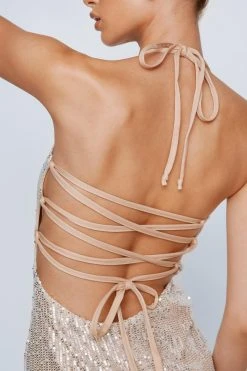 Sequin Lace Up Back Midi Dress 12 Sequin Lace Up Back Midi Dress -Nasty Gal Sales Store womens gold sequin lace up back midi dress 4